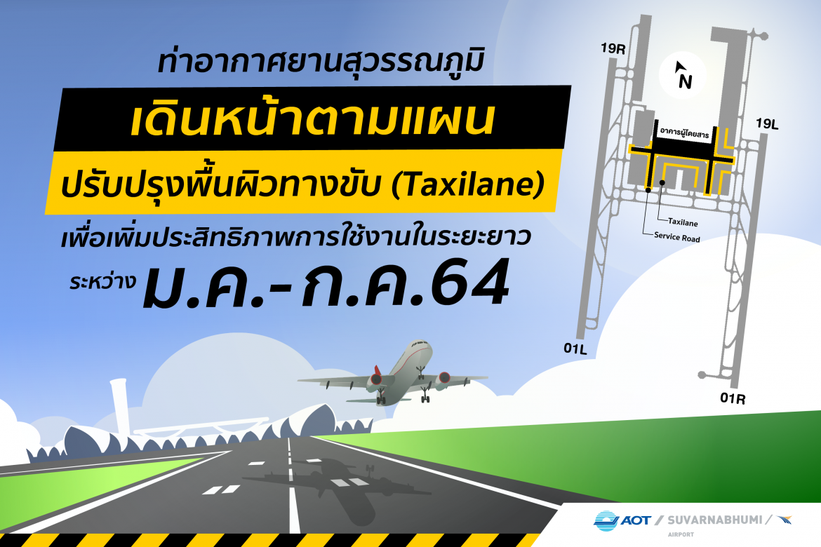 สนามบิน สุวรรณภูมิ เพิ่มประสิทธิภาพพื้นผิวจอดอากาศยาน (Taxilane)