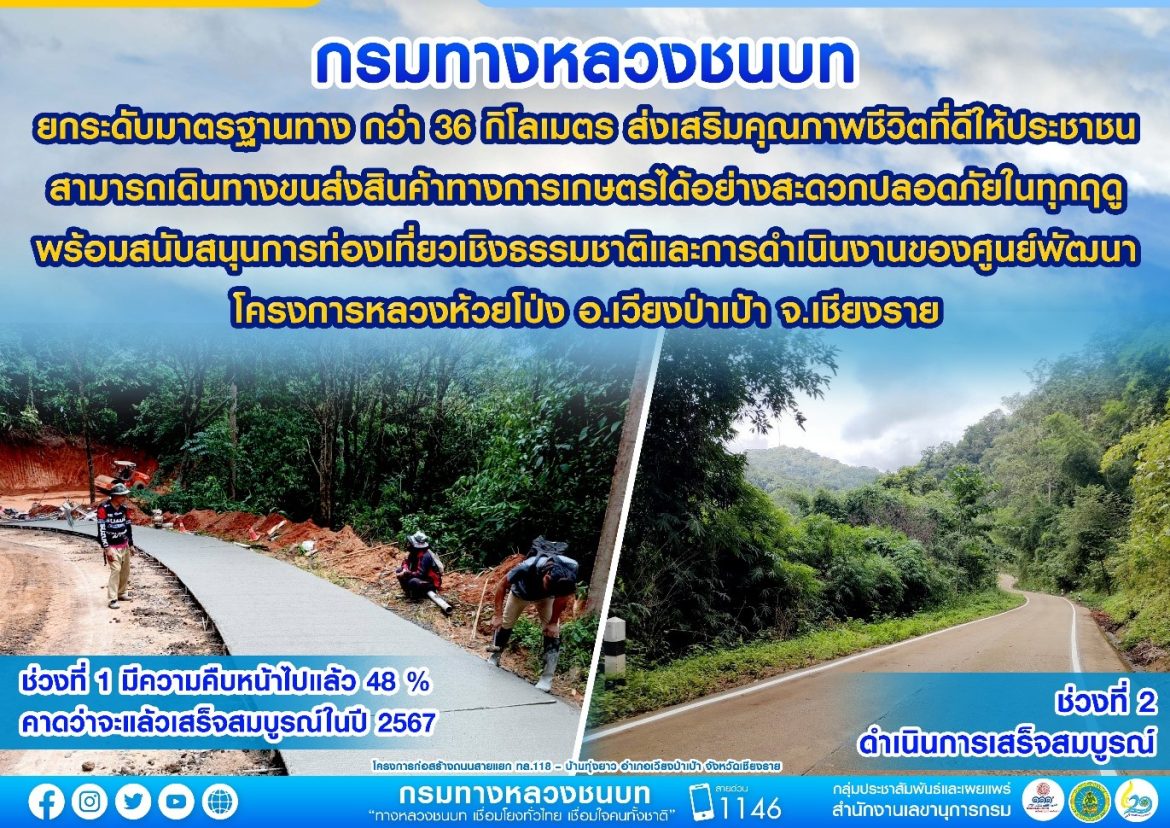 ก่อสร้างถนนสายแยก ทล.118 – บ้านทุ่งยาว อ.เวียงป่าเป้า จ.เชียงราย